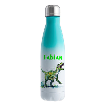 Thermoflasche 500ml in Weiß/Mint bedruckt mit tollen Motiven für Kinder "Dino T-Rex" personalisierbar mit Wunschname