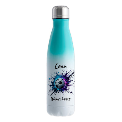 Thermoflasche 500ml in Weiß/Mint aus Edelstahl bedruckt "Fußball" Motiv10 personalisierbar mit Wunschname & Text