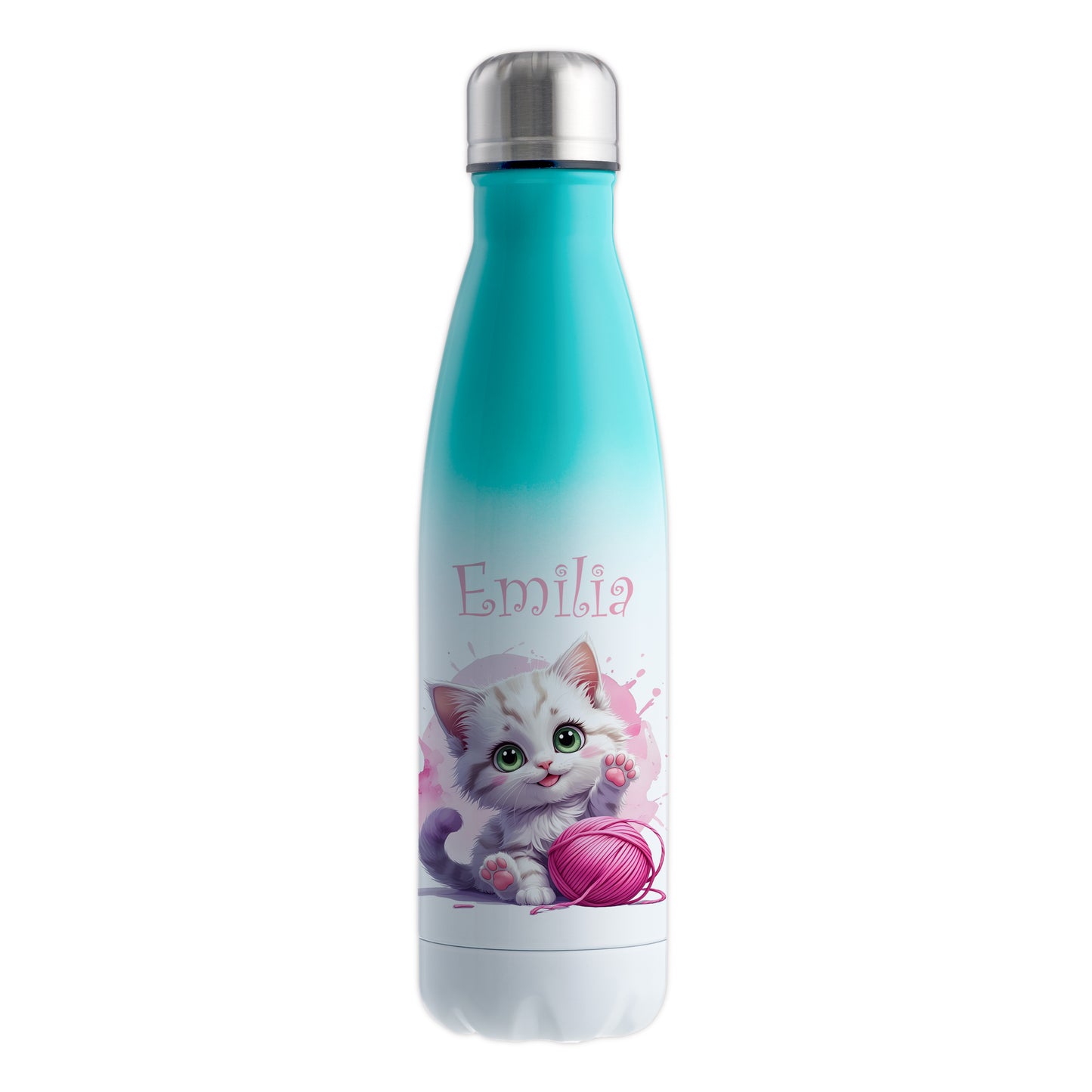Trinkflasche in Weiß/Mint 500ml aus Edelstahl bedruckt mit niedlichen Tieren "Katze" personalisierbar für Kinder mit Wunschname