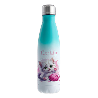 Trinkflasche in Weiß/Mint 500ml aus Edelstahl bedruckt mit niedlichen Tieren "Katze" personalisierbar für Kinder mit Wunschname