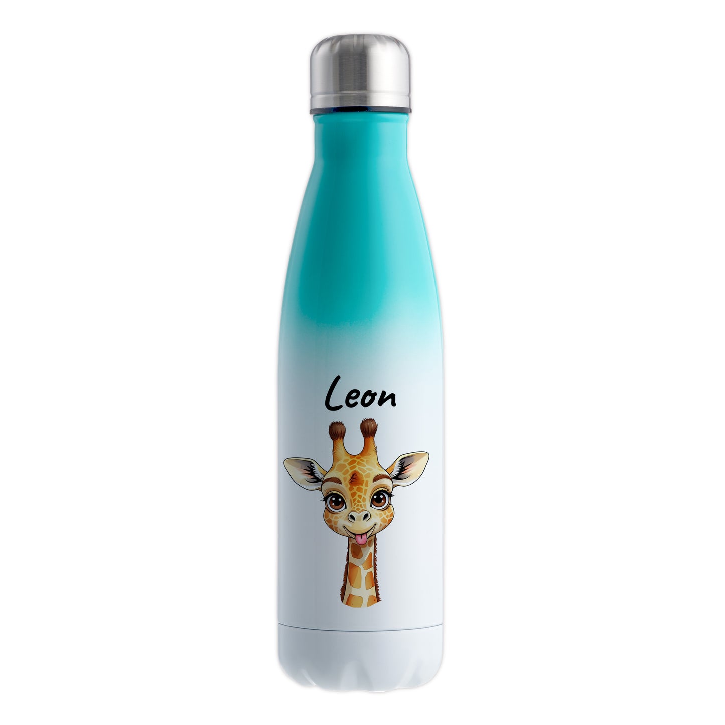 Trinkflasche in Weiß/Mint 500ml aus Edelstahl bedruckt mit niedlichen Tieren "Giraffe" personalisierbar für Kinder mit Wunschname