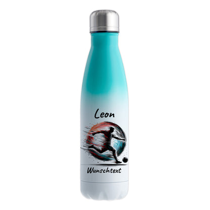 Thermoflasche 500ml in Weiß/Mint aus Edelstahl bedruckt "Fußball" Motiv3 personalisierbar mit Wunschname & Text