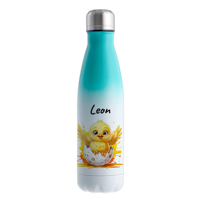 Trinkflasche in Weiß/Mint 500ml aus Edelstahl bedruckt mit niedlichen Tieren "Küken" personalisierbar für Kinder mit Wunschname