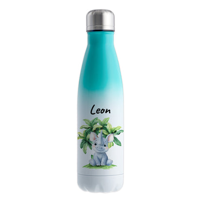 Trinkflasche mit Farbverlauf in Weiß/Mint 500ml aus Edelstahl bedruckt mit Dschungel Tieren"Nashorn" personalisierbar für Kinder mit Wunschname