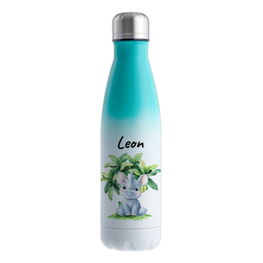 Trinkflasche mit Farbverlauf in Weiß/Mint 500ml aus Edelstahl bedruckt mit Dschungel Tieren"Nashorn" personalisierbar für Kinder mit Wunschname