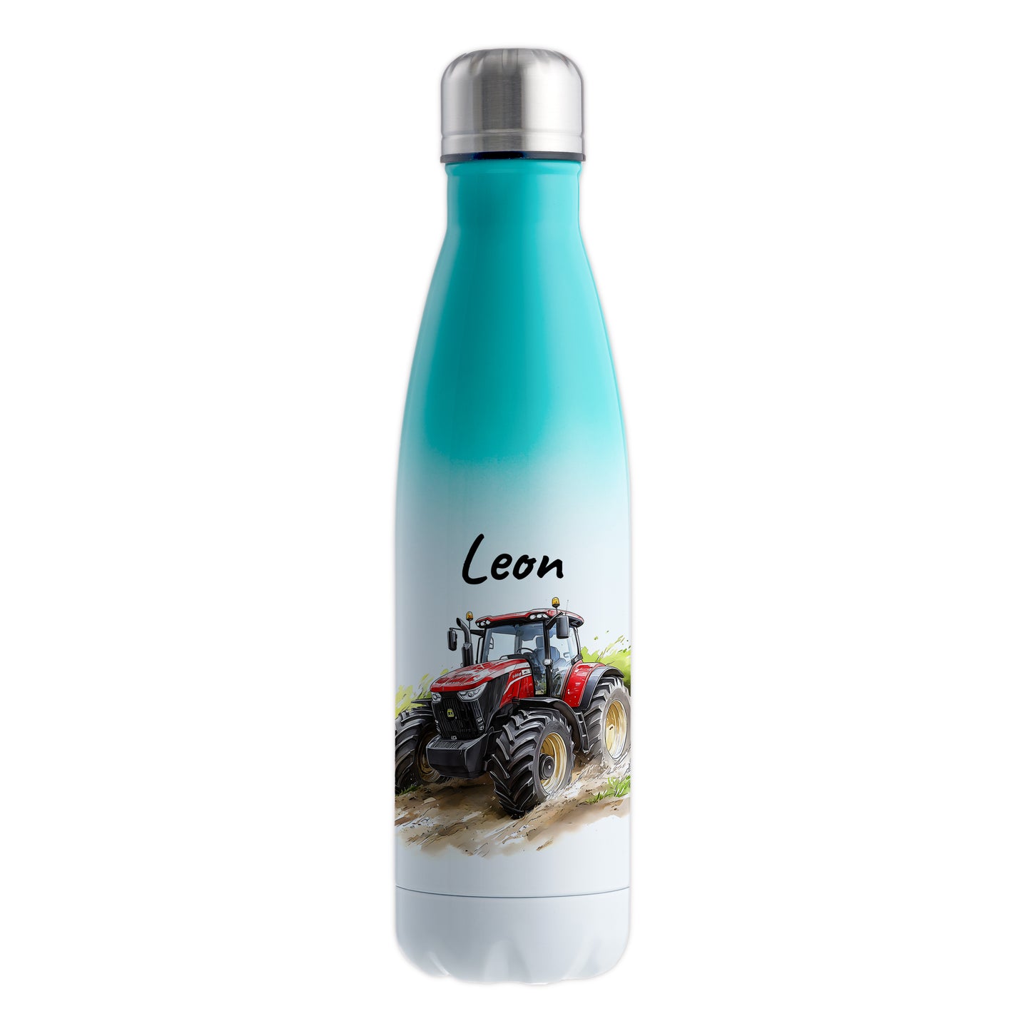Thermoflasche 500ml in Weiß/Mint bedruckt mit tollen Motiven für Kinder "Traktor" personalisierbar mit Wunschname
