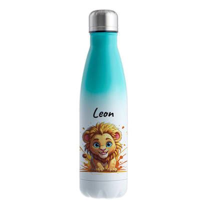 Trinkflasche in Weiß/Mint 500ml aus Edelstahl bedruckt mit niedlichen Tieren "Löwe" personalisierbar für Kinder mit Wunschname