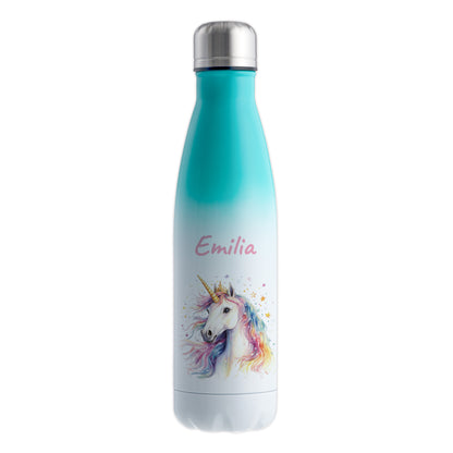 Thermoflasche 500ml in Weiß/Mint bedruckt mit tollen Motiven für Kinder "Einhorn" personalisierbar mit Wunschname