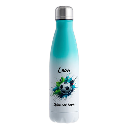 Thermoflasche 500ml in Weiß/Mint aus Edelstahl bedruckt "Fußball" Motiv8 personalisierbar mit Wunschname & Text