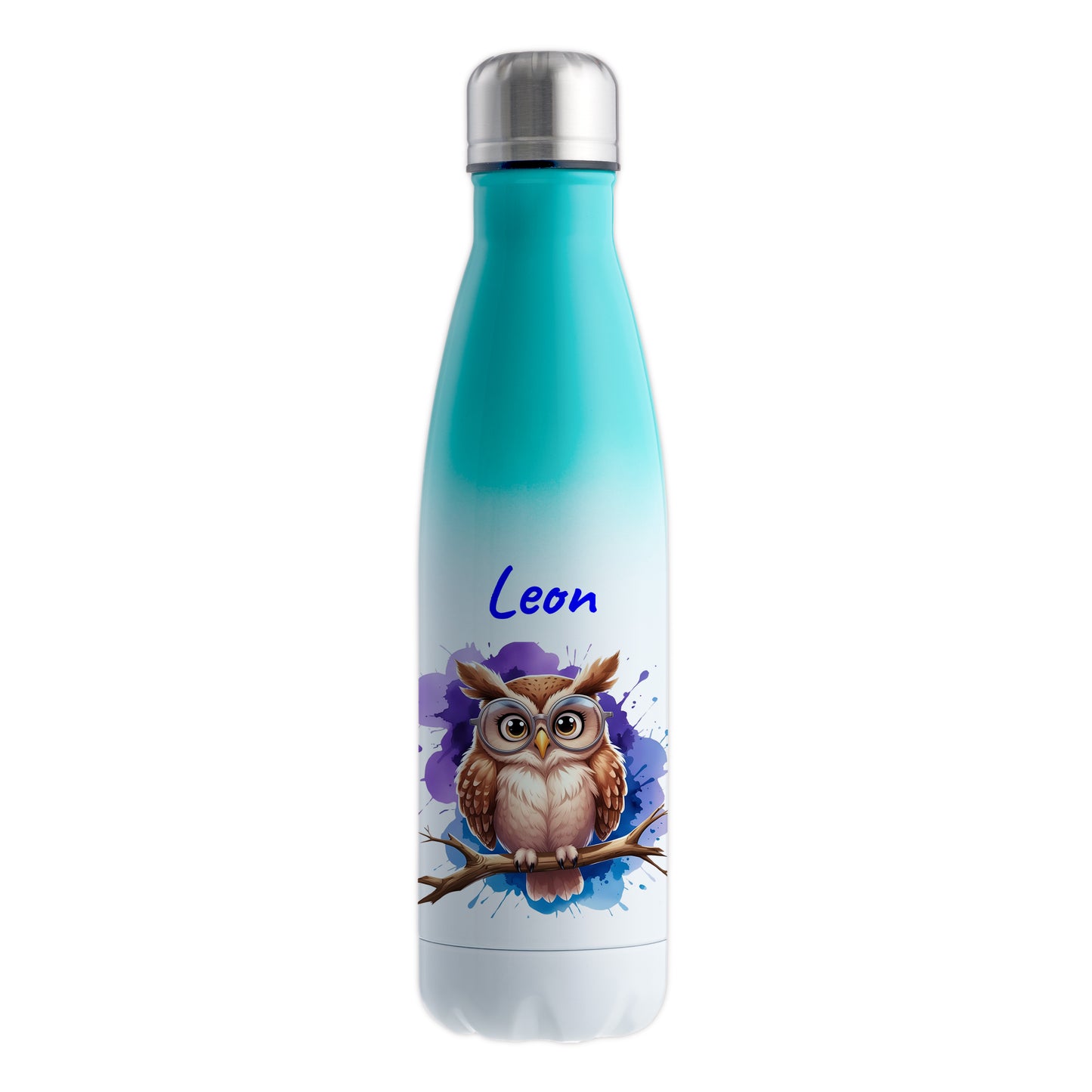 Trinkflasche in Weiß/Mint 500ml aus Edelstahl bedruckt mit niedlichen Tieren "Eule" personalisierbar für Kinder mit Wunschname