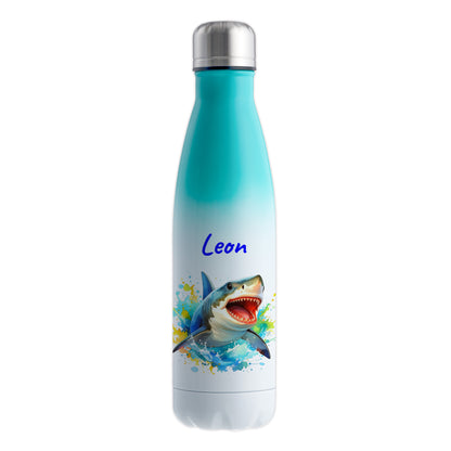 Thermoflasche 500ml in Weiß/Mint bedruckt mit tollen Motiven für Kinder "Hai" personalisierbar mit Wunschname
