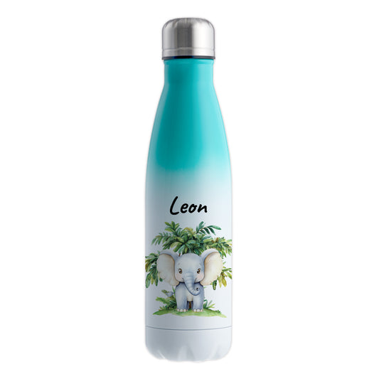 Trinkflasche mit Farbverlauf in Weiß/Mint 500ml aus Edelstahl bedruckt mit Dschungel Tieren"Elefant" personalisierbar für Kinder mit Wunschname