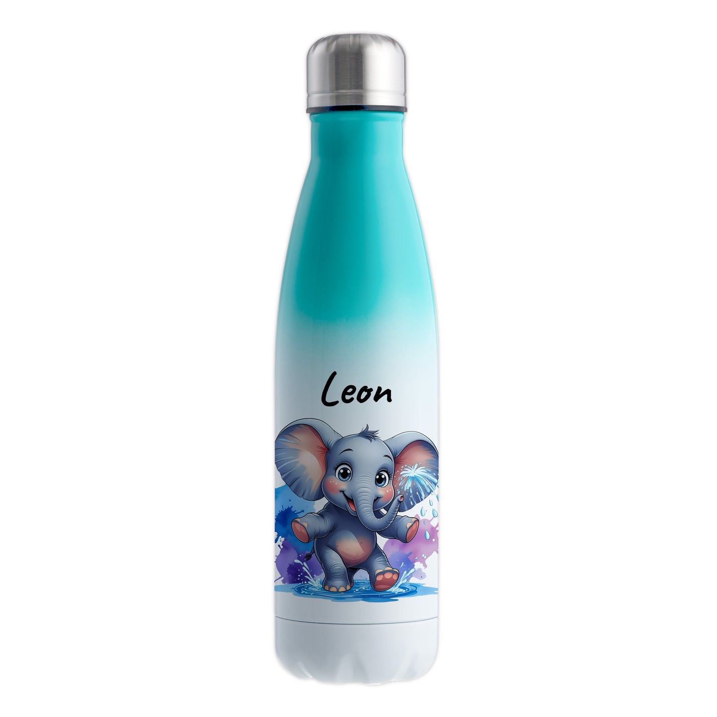 Trinkflasche in Weiß/Mint 500ml aus Edelstahl bedruckt mit niedlichen Tieren "Elefant" personalisierbar für Kinder mit Wunschname