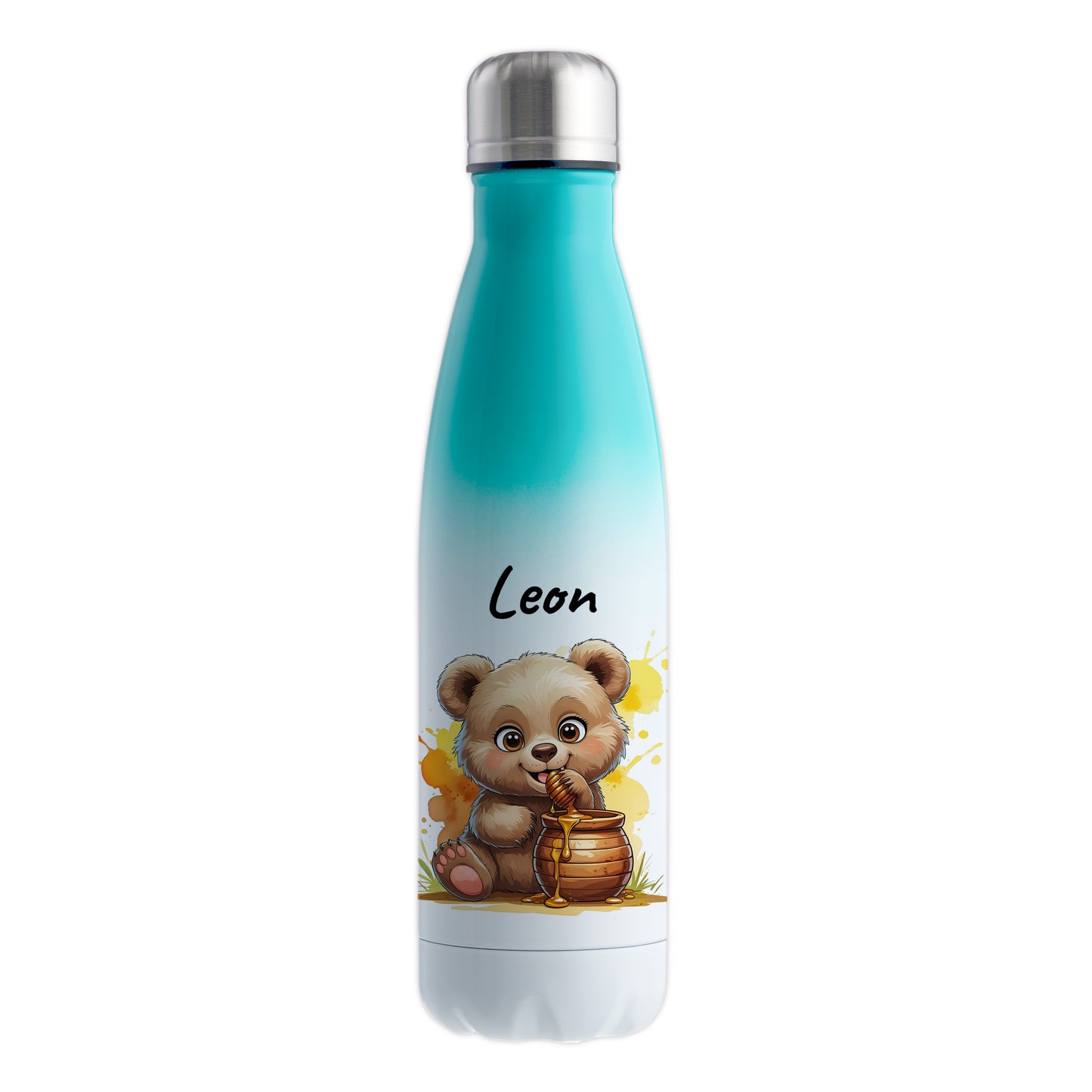 Trinkflasche in Weiß/Mint 500ml aus Edelstahl bedruckt mit niedlichen Tieren "Bär" personalisierbar für Kinder mit Wunschname
