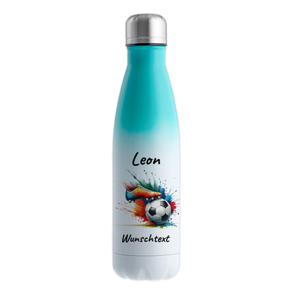 Thermoflasche 500ml in Weiß/Mint aus Edelstahl bedruckt "Fußball" Motiv6 personalisierbar mit Wunschname & Text