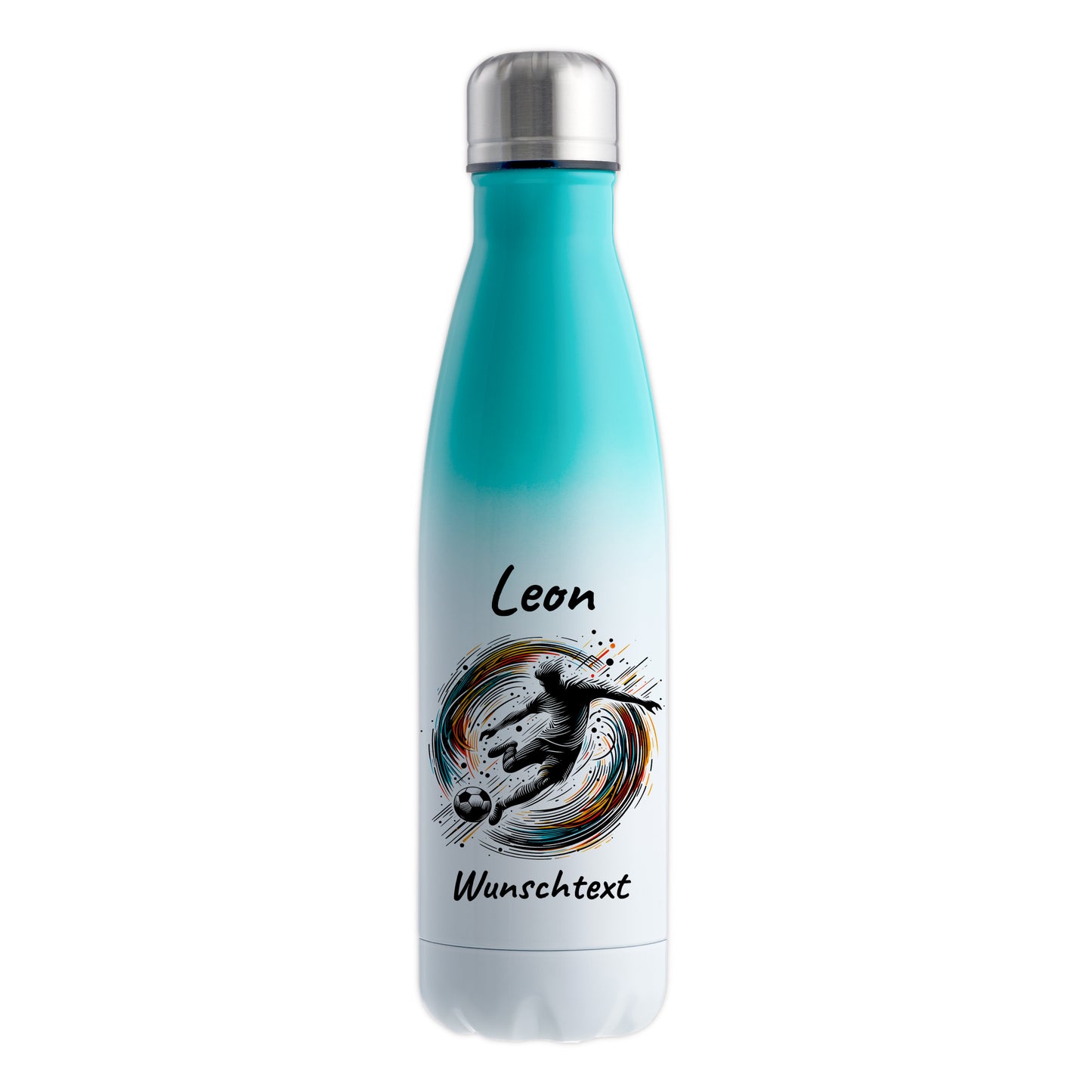 Thermoflasche 500ml in Weiß/Mint aus Edelstahl bedruckt "Fußball" Motiv1 personalisierbar mit Wunschname & Text