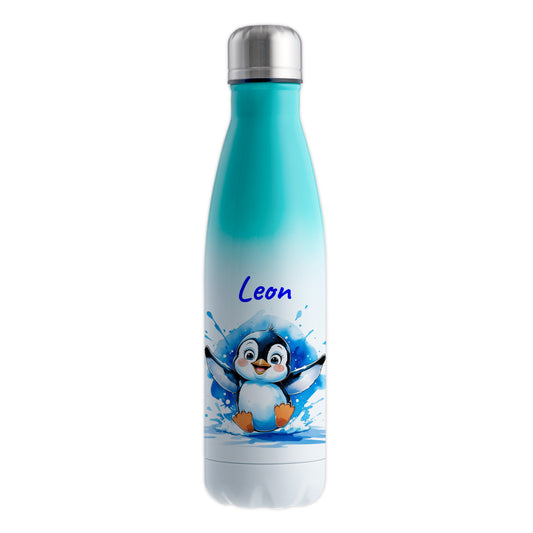 Trinkflasche in Weiß/Mint 500ml aus Edelstahl bedruckt mit niedlichen Tieren "Pinguin" personalisierbar für Kinder mit Wunschname