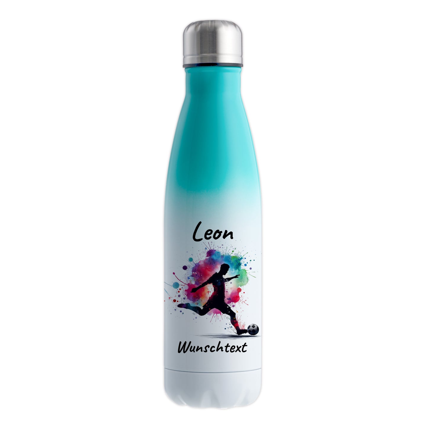 Thermoflasche 500ml in Weiß/Mint aus Edelstahl bedruckt "Fußball" Motiv4 personalisierbar mit Wunschname & Text