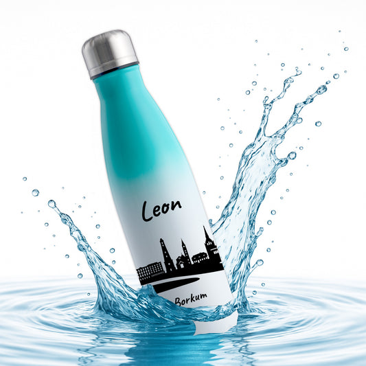 Trinkflasche in Weiß/Mint 500ml aus Edelstahl bedruckt mit der Skyline von Borkum personalisierbar mit Wunschname