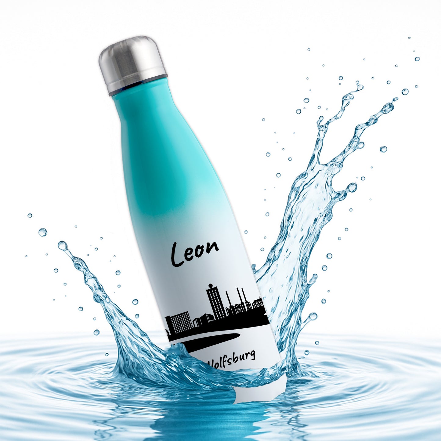 Trinkflasche in Weiß/Mint 500ml aus Edelstahl bedruckt mit der Skyline von Wolfsburg personalisierbar mit Wunschname