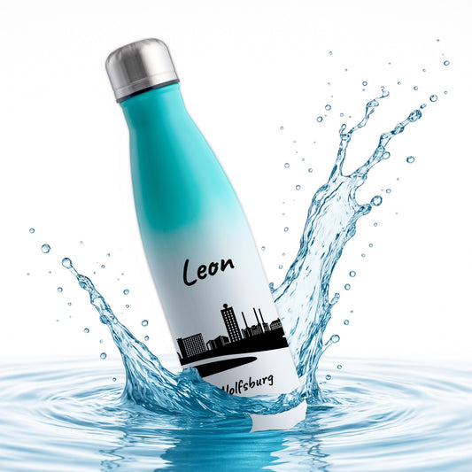 Trinkflasche in Weiß/Mint 500ml aus Edelstahl bedruckt mit der Skyline von Wolfsburg personalisierbar mit Wunschname