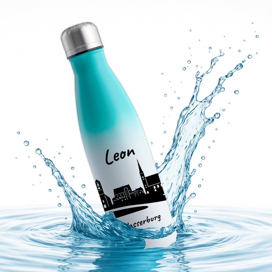 Trinkflasche in Weiß/Mint 500ml aus Edelstahl bedruckt mit der Skyline von Wasserburg personalisierbar mit Wunschname