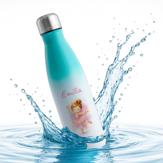 Thermoflasche 500ml in Weiß/Mint bedruckt mit tollen Motiven für Kinder "Ballerina" personalisierbar mit Wunschname