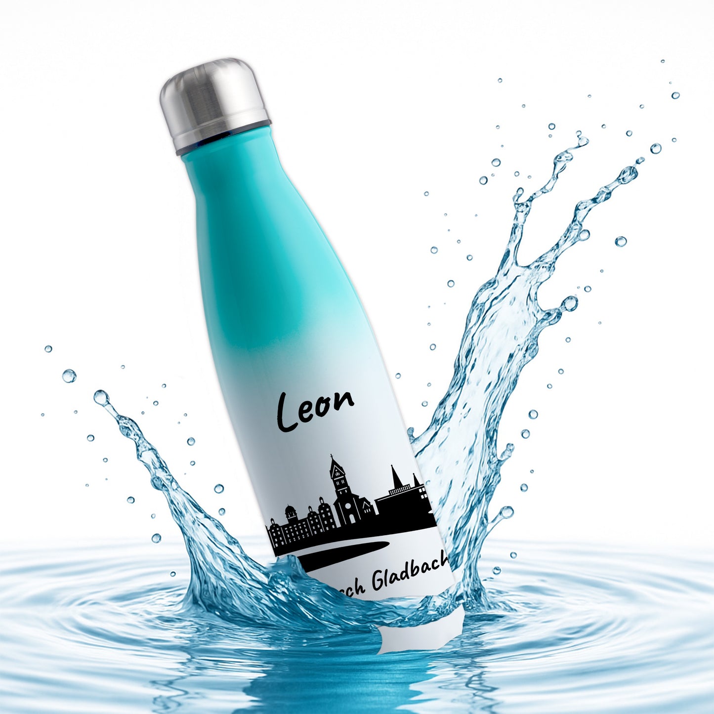Trinkflasche in Weiß/Mint 500ml aus Edelstahl bedruckt mit der Skyline von Bergisch Gladbach personalisierbar mit Wunschname