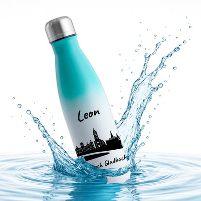 Trinkflasche in Weiß/Mint 500ml aus Edelstahl bedruckt mit der Skyline von Bergisch Gladbach personalisierbar mit Wunschname
