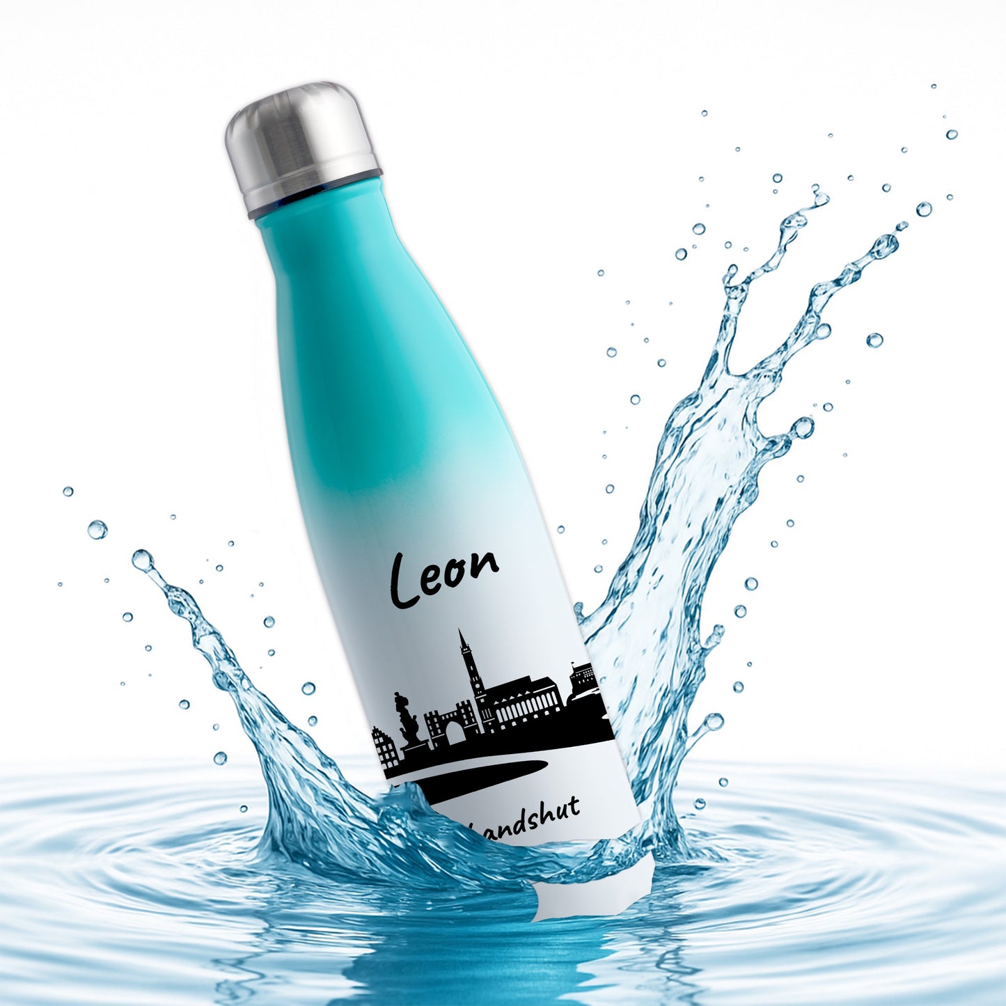 Trinkflasche in Weiß/Mint 500ml aus Edelstahl bedruckt mit der Skyline von Landshut personalisierbar mit Wunschname