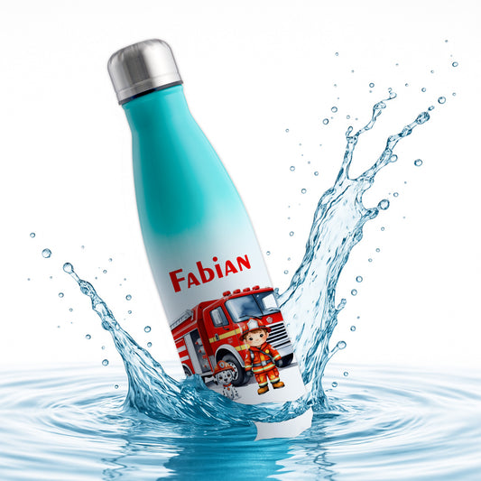 Thermoflasche 500ml in Weiß/Mint bedruckt mit tollen Motiven für Kinder "Feuerwehr" personalisierbar mit Wunschname