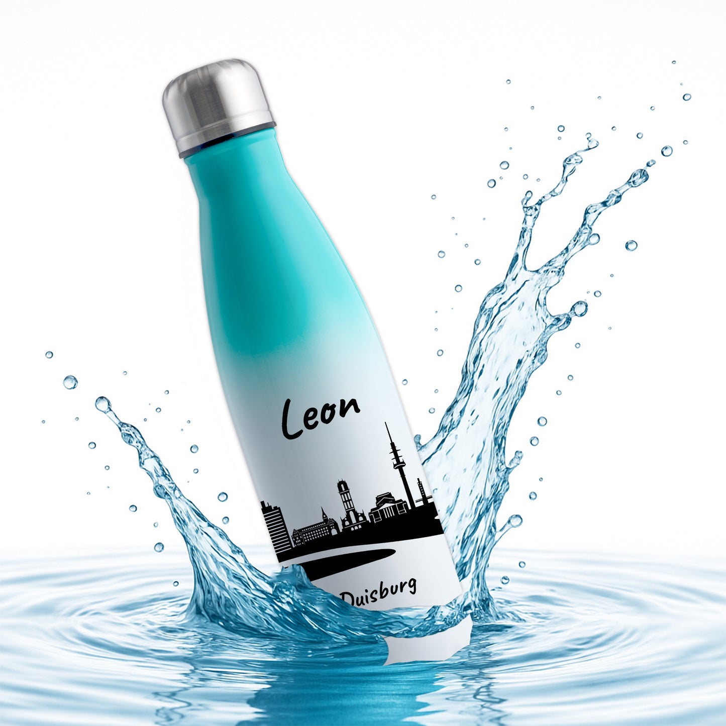 Trinkflasche in Weiß/Mint 500ml aus Edelstahl bedruckt mit der Skyline von Duisburg personalisierbar mit Wunschname