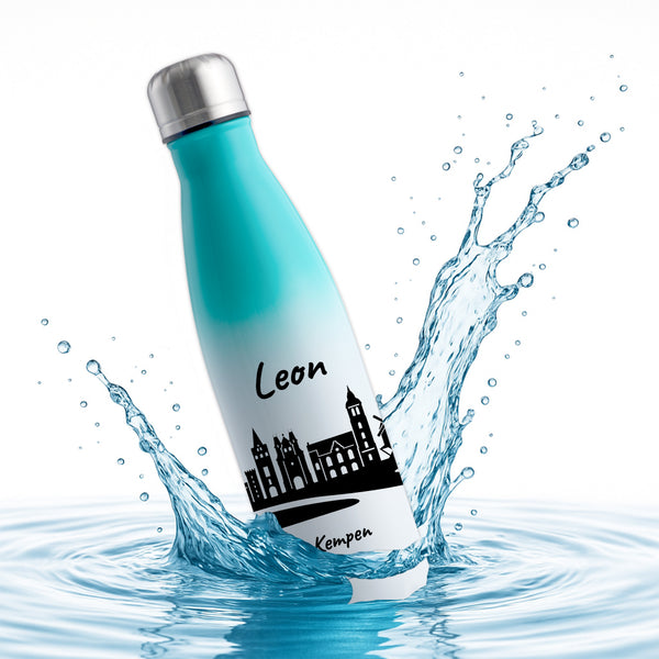 Trinkflasche in Weiß/Mint 500ml aus Edelstahl bedruckt mit der Skyline von Kempen personalisierbar mit Wunschname