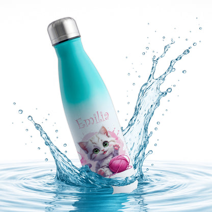 Trinkflasche in Weiß/Mint 500ml aus Edelstahl bedruckt mit niedlichen Tieren "Katze" personalisierbar für Kinder mit Wunschname