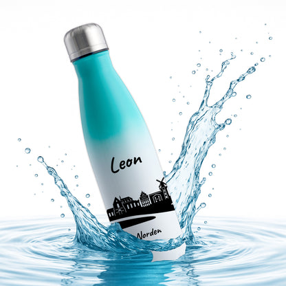 Trinkflasche in Weiß/Mint 500ml aus Edelstahl bedruckt mit der Skyline von Norden personalisierbar mit Wunschname