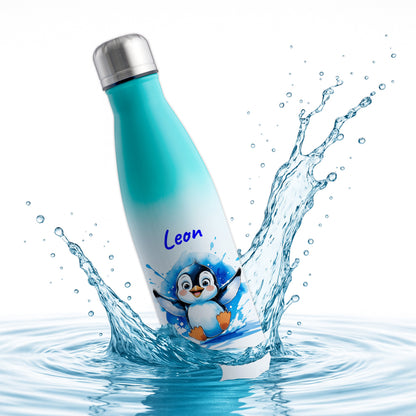 Trinkflasche in Weiß/Mint 500ml aus Edelstahl bedruckt mit niedlichen Tieren "Pinguin" personalisierbar für Kinder mit Wunschname