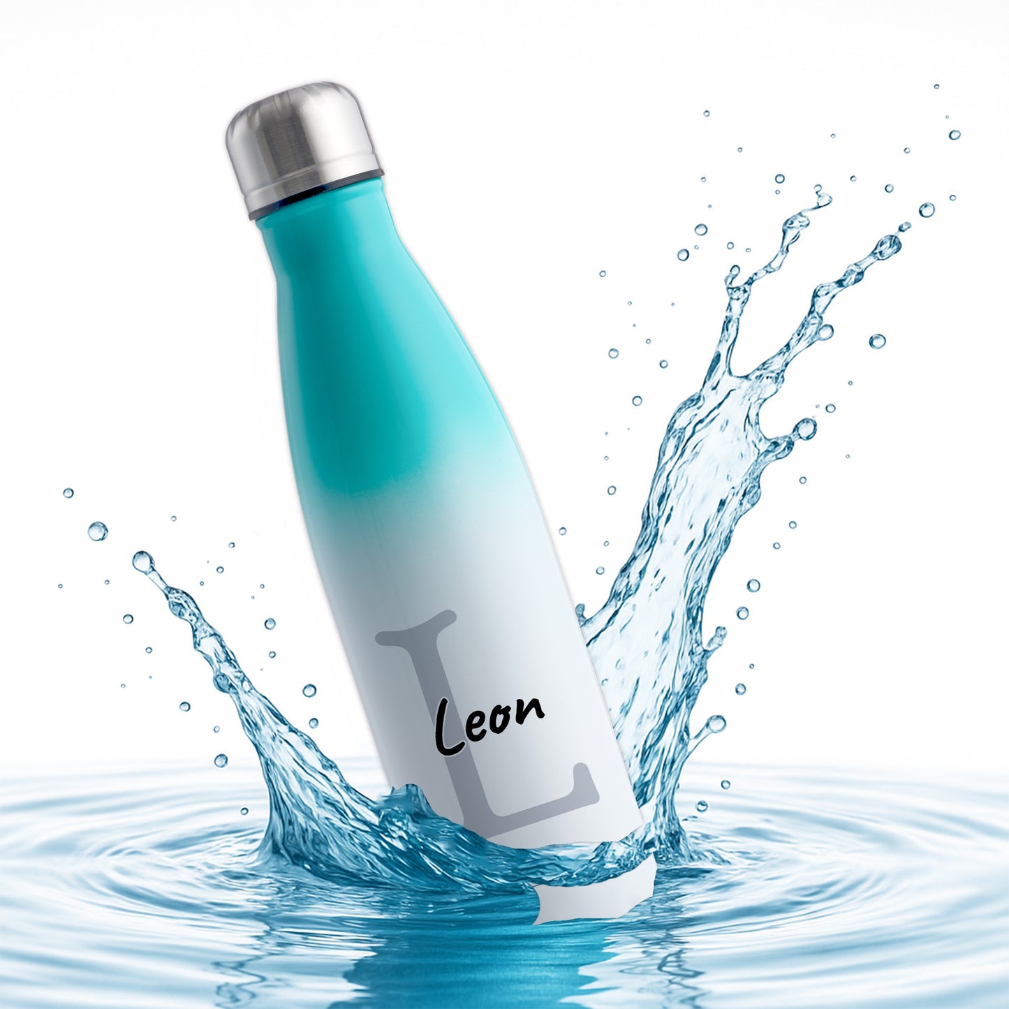 Thermoflasche 500ml aus Edelstahl in Weiß/Mint personalisierbar mit Wunschname auslaufsichere Trinkflasche