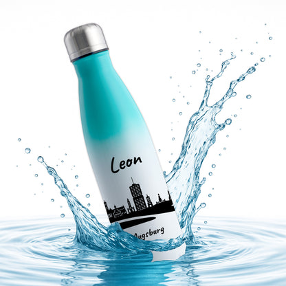 Trinkflasche in Weiß/Mint 500ml aus Edelstahl bedruckt mit der Skyline von Augsburg personalisierbar mit Wunschname