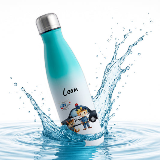 Thermoflasche 500ml in Weiß/Mint bedruckt mit tollen Motiven für Kinder "Polizei" personalisierbar mit Wunschname