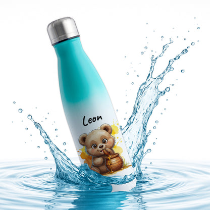Trinkflasche in Weiß/Mint 500ml aus Edelstahl bedruckt mit niedlichen Tieren "Bär" personalisierbar für Kinder mit Wunschname