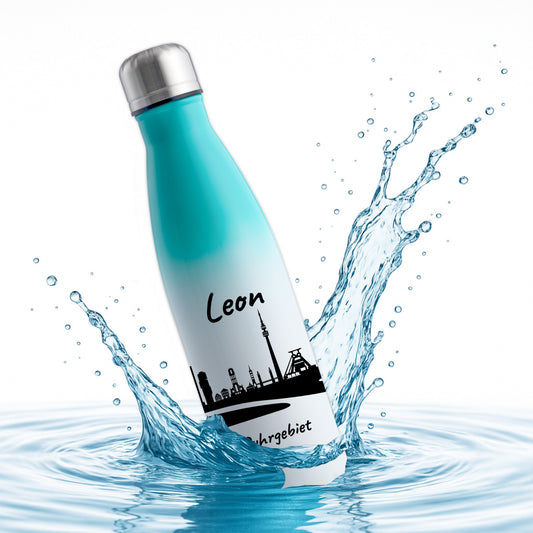 Trinkflasche in Weiß/Mint 500ml aus Edelstahl bedruckt mit der Skyline von Ruhrgebiet personalisierbar mit Wunschname