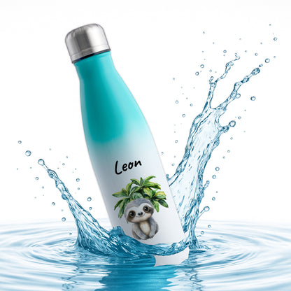 Trinkflasche mit Farbverlauf in Weiß/Mint 500ml aus Edelstahl bedruckt mit Dschungel Tieren"Faultier" personalisierbar für Kinder mit Wunschname