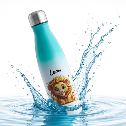 Trinkflasche in Weiß/Mint 500ml aus Edelstahl bedruckt mit niedlichen Tieren "Löwe" personalisierbar für Kinder mit Wunschname