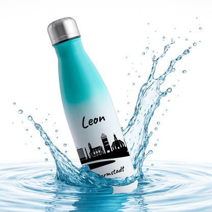 Trinkflasche in Weiß/Mint 500ml aus Edelstahl bedruckt mit der Skyline von Darmstadt personalisierbar mit Wunschname