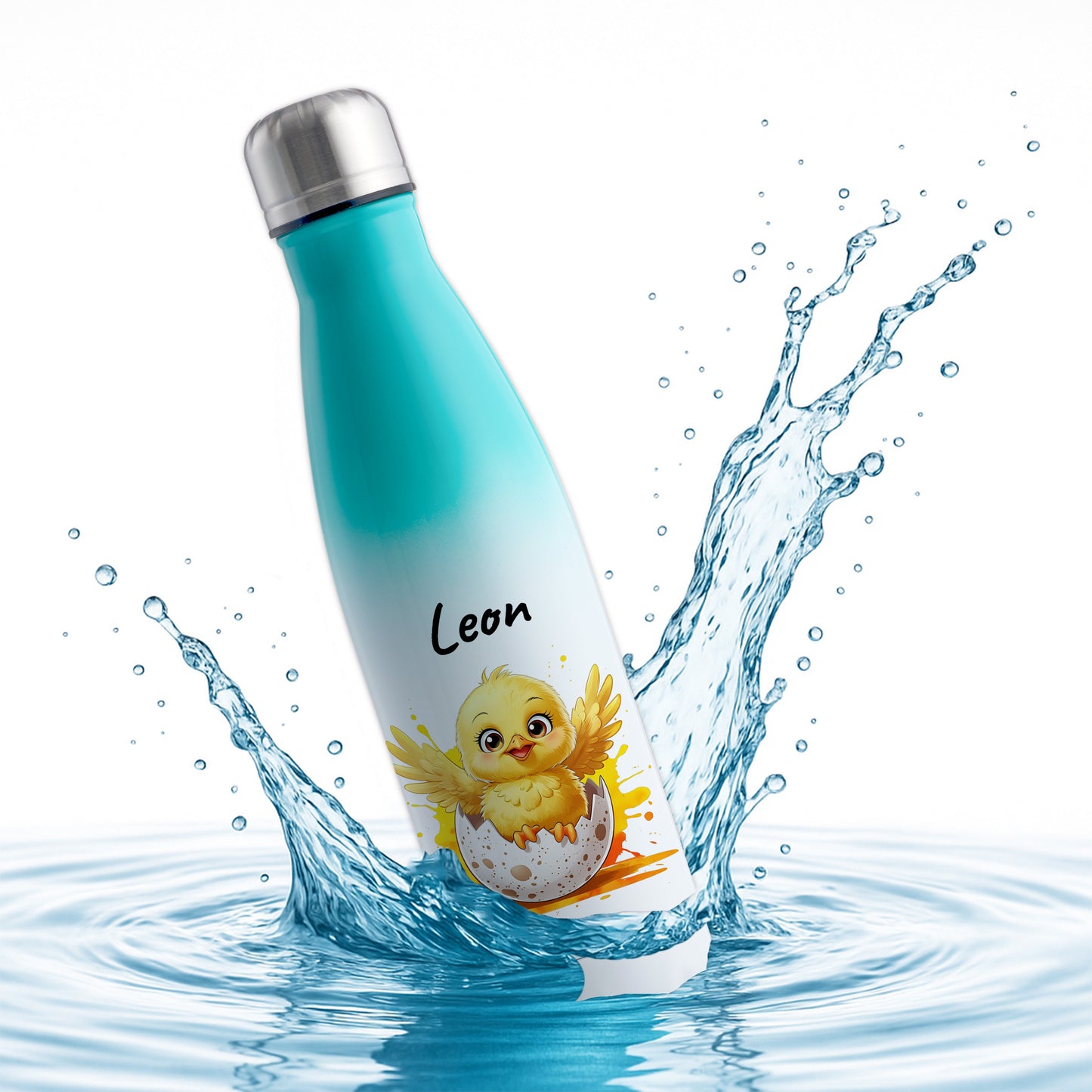 Trinkflasche in Weiß/Mint 500ml aus Edelstahl bedruckt mit niedlichen Tieren "Küken" personalisierbar für Kinder mit Wunschname