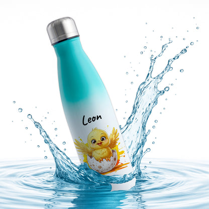 Trinkflasche in Weiß/Mint 500ml aus Edelstahl bedruckt mit niedlichen Tieren "Küken" personalisierbar für Kinder mit Wunschname