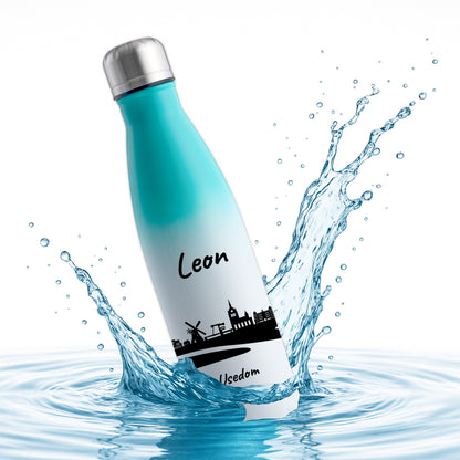 Trinkflasche in Weiß/Mint 500ml aus Edelstahl bedruckt mit der Skyline von Usedom personalisierbar mit Wunschname