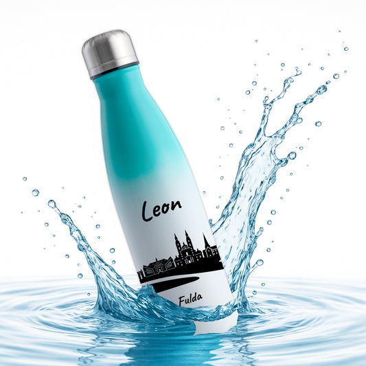 Trinkflasche in Weiß/Mint 500ml aus Edelstahl bedruckt mit der Skyline von Fulda personalisierbar mit Wunschname