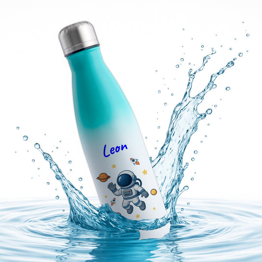 Thermoflasche 500ml in Weiß/Mint bedruckt mit tollen Motiven für Kinder "Astronaut" personalisierbar mit Wunschname