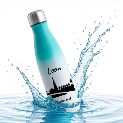 Trinkflasche in Weiß/Mint 500ml aus Edelstahl bedruckt mit der Skyline von Helgoland personalisierbar mit Wunschname